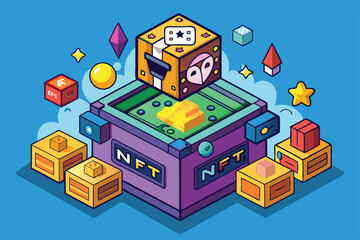 A vibrant NFT box sits at the center, surrounded by various digital collectibles and geometric shapes, NFT Box in Blockchain, P2E Crypto Games Illustration, Brand new crypto game