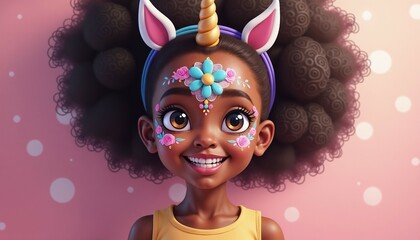 Illustration of happy african-american girl with face painting, image of unicorn. Events and entertainment for children. Kid's birthday party or vacation. Children's day, International Day of Families