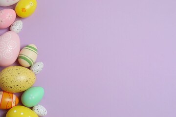 Happy Easter. Colorful eggs on color background, space for text or advertising