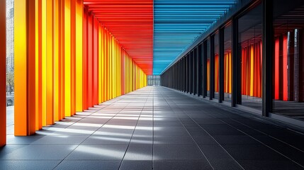 Fototapeta premium Contemporary colorful architecture: vibrant corridor with red, orange, and blue elements