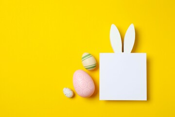 Happy Easter. Colorful eggs with bunny ears and paper card on color background, space for text or advertising