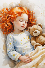 The portrait of the sleeping pretty girl with the bright curled hair. AI illustration in watercolor style.