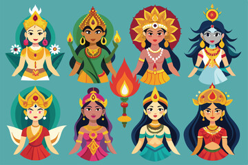 Colorful representation of nine Indian goddesses embodying diverse aspects of devotion and spirituality, Nine Indian goddesses Devi set,