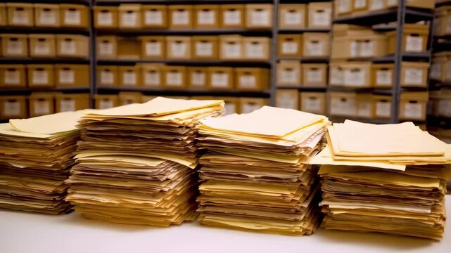 Archive documents are scattered on the table, stacks of papers on the shelves. Suitable shots for videos about investigation and history