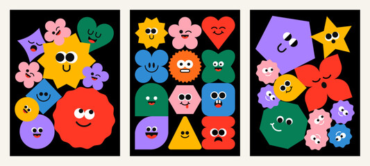 Backgrounds with cute geometric figures with faces. Isolated cartoon heads with eyes and emotions. Group of geometric characters. Funny drawings with childish style. Flat vector illustrations.