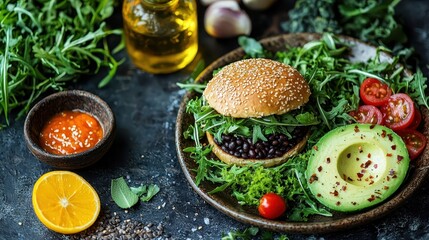 Veggie burger plant-based ingredients concept. A vibrant plate featuring a black bean burger topped with fresh greens, avocado, and cherry tomatoes, accompanied by herbs and a colorful dressing.