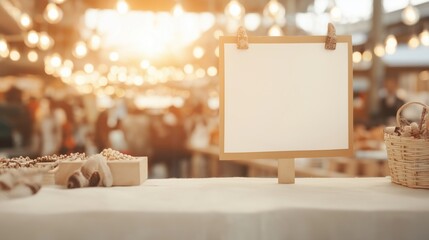 Blank signboard in rustic marketplace setting with warm lighting and cozy atmosphere