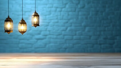 Hanging lanterns on wooden surface against a teal brick wall; Islamic celebration; decorative lighting; suitable for religious or event backgrounds; potential for use in advertising, catalogs