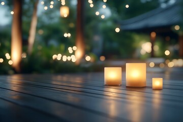 Illuminated candles on a wooden table in a garden at night, ideal for a relaxation or celebration concept
