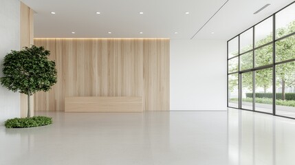 Modern office lobby with wood wall, plants, and large window