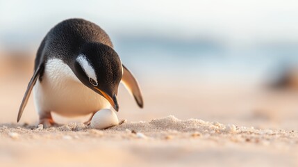 Fototapeta premium Gentoo penguin examining seashell on sandy beach at sunrise