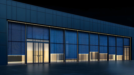 Modern Blue Lit Building Facade with Glass Entrance and Geometric Design at Night