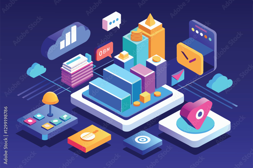 Poster an engaging isometric design features various notifications and digital elements set in a colorful l