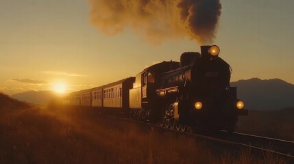 Naklejka premium Vintage Steam Train Moving Through Countryside at Sunrise with Smoke