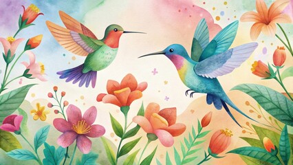 Two Hummingbirds Among Flowers