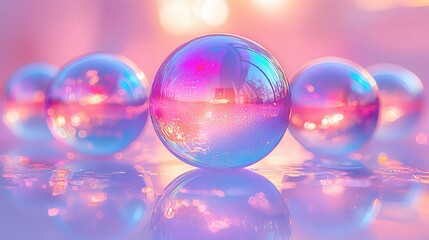 Colorful reflective glass orbs in dreamy sunset ambiance