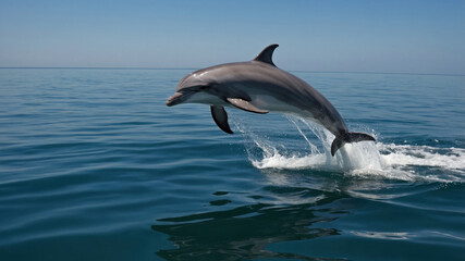 Fototapeta premium Dolphin arcing above water, sharp focus and serene horizon. Minimalistic and striking wildlife photography.