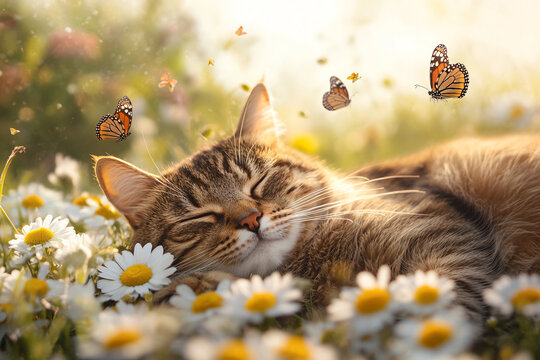 a cat laying in a field of daisies and butterflies