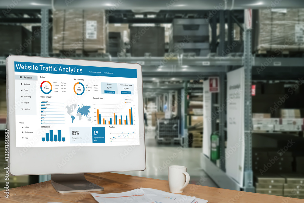 Poster computer software for website traffic analytics data on computer screen. concept of seo search engin