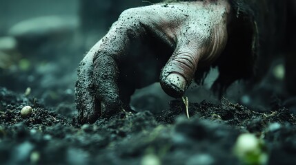 A Muddy Hand Planting Seeds: A Close-Up of Nature's Rebirth