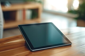 Tablet with blank screen on a wooden table in a coffee shop