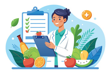 A nutritionist develops a tailored diet plan surrounded by colorful fresh produce and health-focused notes, Nutritionist draws up nutrition plan, diet,