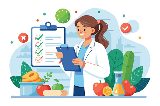 A nutritionist reviews a dietary plan while surrounded by fresh fruits and vegetables at her office, Nutritionist draws up nutrition plan, diet,
