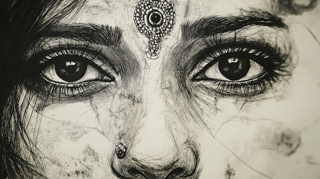 an Indian woman’s face with a traditional nose ring and bindi.