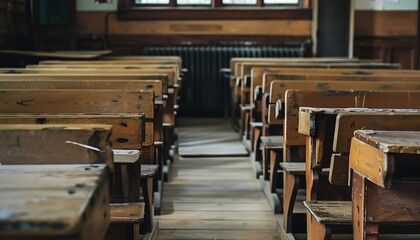 Empty classroom with rows of chairs and tables in the auditorium.