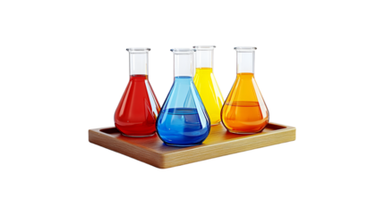 Colorful liquids in Erlenmeyer flasks on wooden tray science experiment