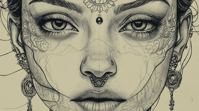 an Indian woman’s face with a traditional nose ring and bindi.