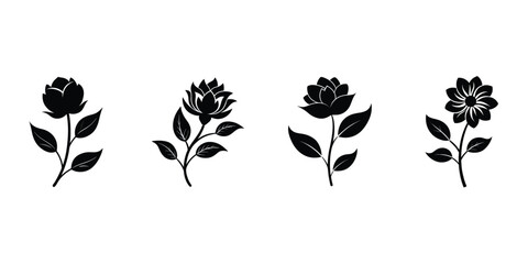 4 vector black silhouettes of flowers isolated on a white background.