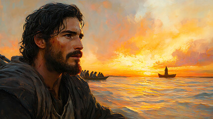 Fototapeta premium The moment faith and vision collide—John’s face in an emotional close-up, his gaze fixed on the distant figure of Jesus on the shore, soft rippling waves reflecting the golden dawn,