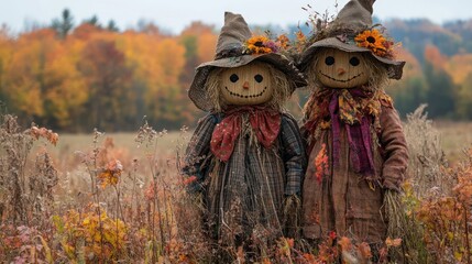 Autumnal Scarecrows in a Golden Field
