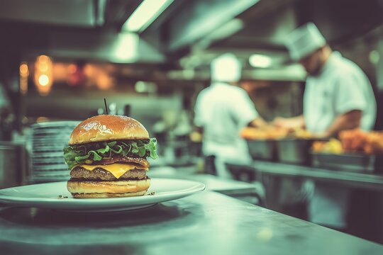 Delicious acorda burger featuring layers of lettuce, cheese, and patties captured in bustling kitchen setting. Concept involves acorda food preparation and culinary artistry