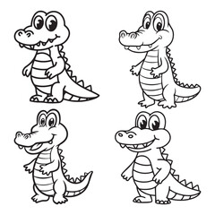 A set of black line art illustration of cute cartoon crocodile