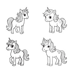A set of black line art illustration of a cute cartoon unicorn vector