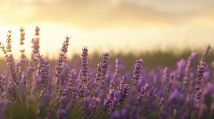 Lavender field at sunset: tranquil blossoms in golden light