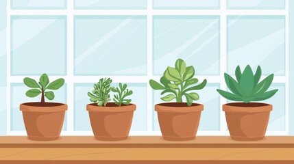 Fototapeta premium Beautiful Indoor Plants on a Windowsill. A Variety of Potted Plants Create a Cozy Home Decor.