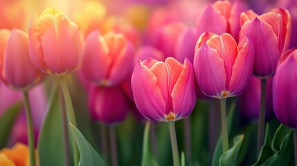 Obraz premium Vivid Tulips in Bloom Illuminated by Gentle Morning Sunlight