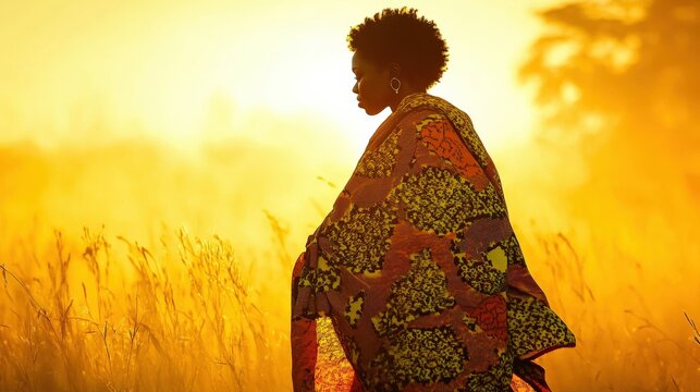 Woman in Vibrant Kitenge Fabric Walking Through Misty Field at Sunrise