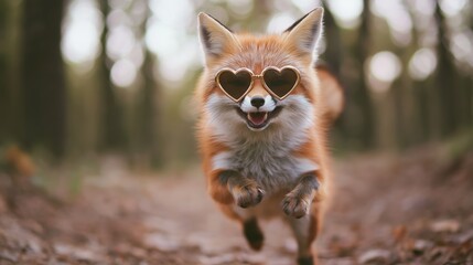 Fototapeta premium Adorable fox wearing heart-shaped sunglasses running through the forest