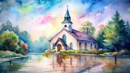 Naklejka premium Watercolor Painting of Church by Lake