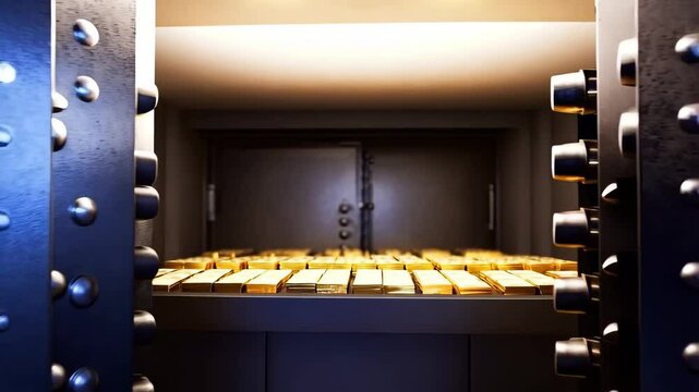 Luxurious safe filled with gold bars and money. Shots that emphasize financial power