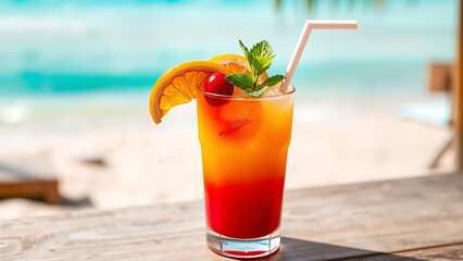 Tropical orange cocktail with fruit garnish served on a wooden deck by the beach, creating a perfect summer vacation or relaxation theme