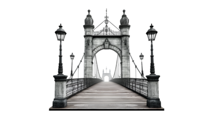 Old suspension bridge wooden walkway grey stone architecture dark mood gothic style