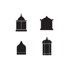 Simple Black and White Architectural Silhouettes of Islamic Structures.Four simple, black silhouette illustrations of Islamic architectural elements, likely minarets or shrines.