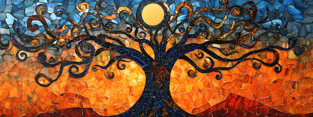 A tree of life with many branches and leaves, the tree is made from a glass mosaic art style
