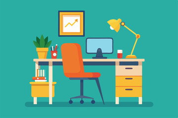 The workspace features a colorful desk with a computer, lamp, and plant, promoting productivity and style, Silhouette of office desk with chair icon Vector illustration