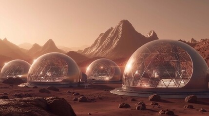 A futuristic Mars colony with interconnected domes made of glass and metal, set against a red rocky landscape under a pale pink sky